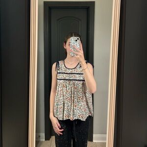 Aerie Floral Blouse with Navy Trim